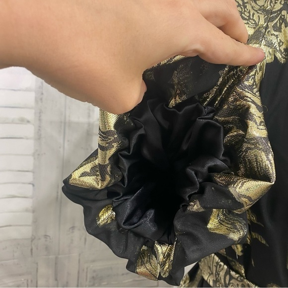 Alex Marie Black Gold Mock Neck Puff Sleeve Midi Dress Belted Pockets Cocktail - Picture 7 of 16